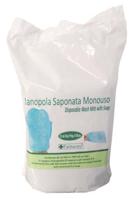 MANOPOLA MONOUSO PER LAVAGGI PARZIALI COMPOSTA DA UNA SPUGNA IN POLIESTERE SAPONATA E DA UN DRAPPO IN TESSUTO NON TESSUTO SENZA RISCIACQUO DETERGENTE A PH ISOCUTANEO - famajoy.it