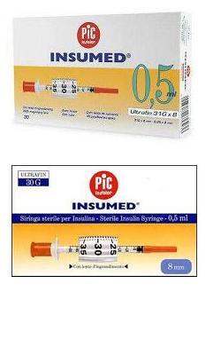 SIRINGA PER INSULINA PIC INSUMED 0,5 ML 100 UI AGO GAUGE 29 LUNGHEZZA 12,7 MM SENZA SPAZIO MORTO 3 SACCHETTI DA 30 PEZZI - famajoy.it