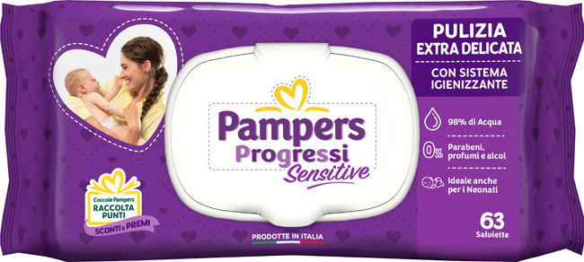 PAMPERS PROGRESSI SALVIETTE SENSITIVE ALOE RICARICA 63 PEZZI - famajoy.it