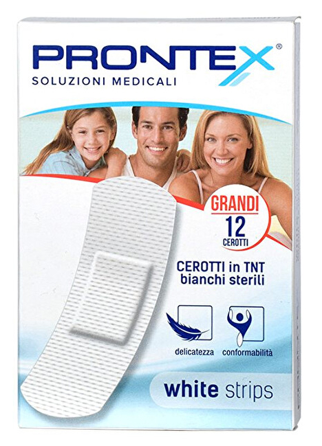 CEROTTO PRONTEX WHITE STRIPS IN TESSUTO NON TESSUTO BIANCO STERILE SCATOLA 12 CEROTTI GRANDI - famajoy.it