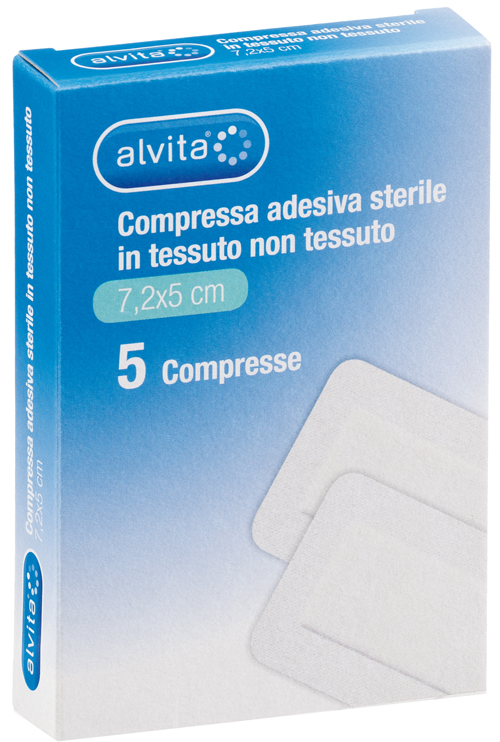 ALVITA GARZA COMPRESSA AUTOADESIVA IN TNT 7,2X5CM 5 PEZZI - famajoy.it