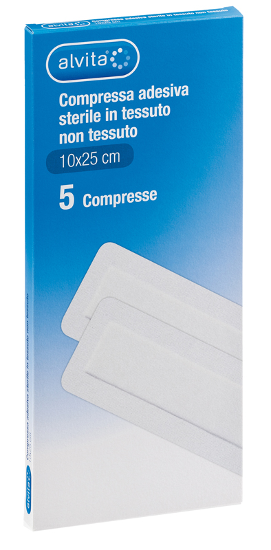 ALVITA GARZA COMPRESSA ADESIVA STERILE IN TESSUTO NON TESSUTO ESTENSIBILE BIANCO 10X25CM 5 PEZZI - famajoy.it