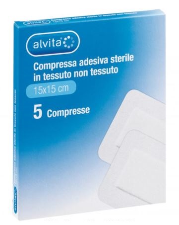 ALVITA GARZA COMPRESSA ADESIVA STERILE IN TESSUTO NON TESSUTO ESTENSIBILE BIANCO 15X15CM 5 PEZZI - famajoy.it