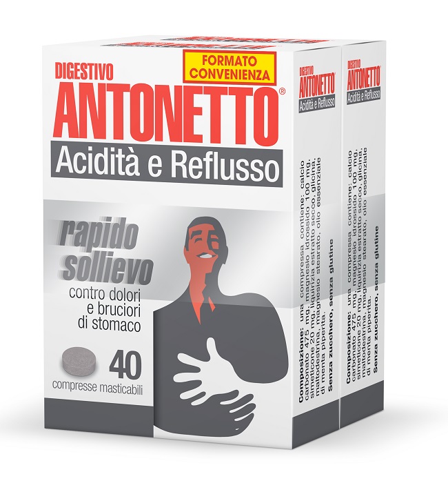 DIGESTIVO ANTONETTO ACIDITA' E REFLUSSO 80 COMPRESSE MASTICABILI 2 ASTUCCI DA 40 COMPRESSE - famajoy.it