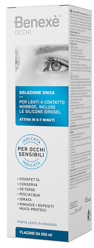 SOLUZIONE UNICA BENEXE' OCCHI PULIZIA LENTI A CONTATTO 500 ML + PORTALENTI IN OMAGGIO - famajoy.it
